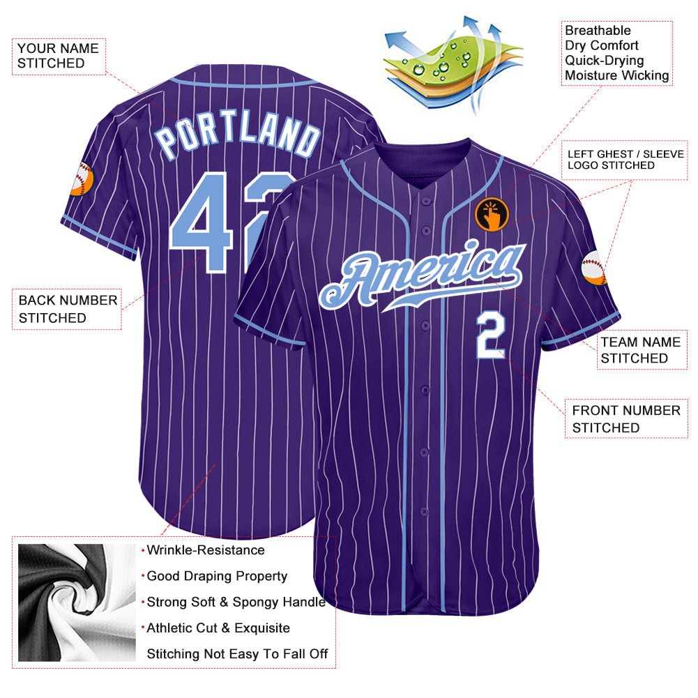 Custom Purple White Pinstripe Light Blue-White Authentic Baseball Jersey view 3