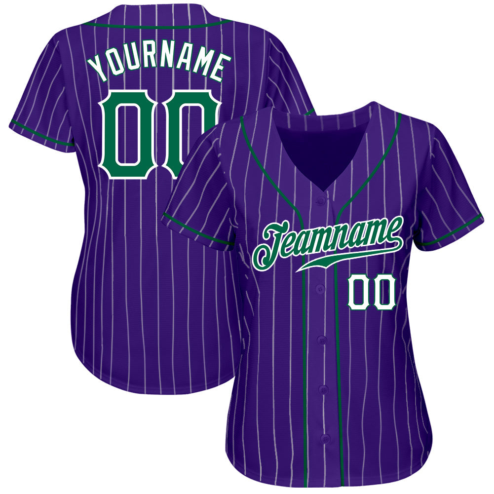 Custom Purple White Pinstripe Kelly Green-White Authentic Baseball Jersey view 2
