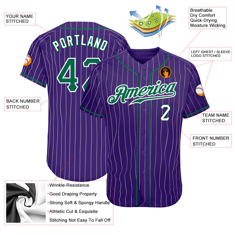 Custom Purple White Pinstripe Kelly Green-White Authentic Baseball Jersey view 3