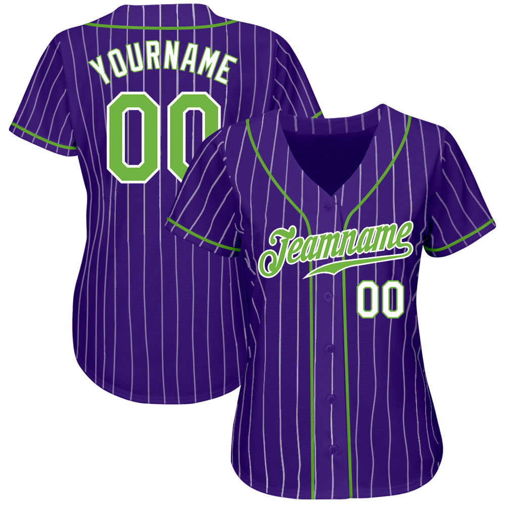 Custom Purple White Pinstripe Neon Green-White Authentic Baseball Jersey view 2