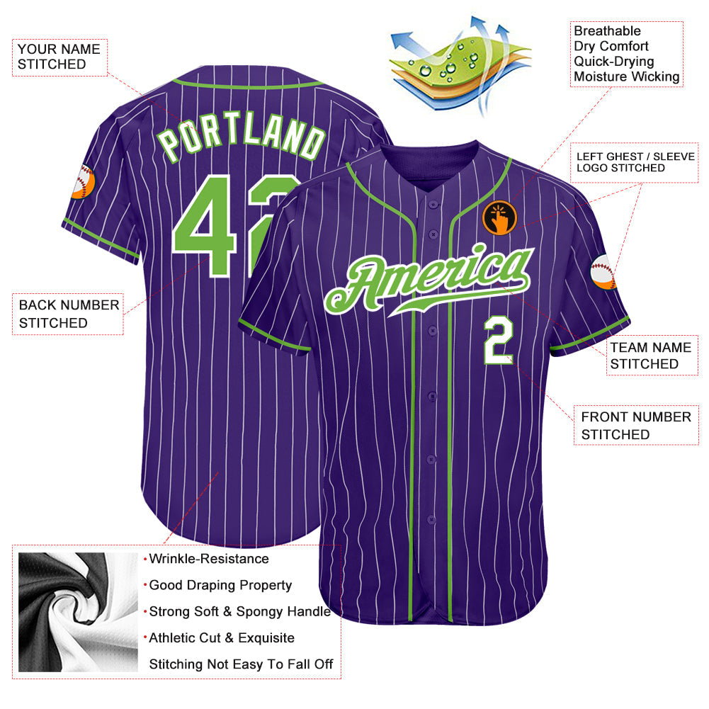 Custom Purple White Pinstripe Neon Green-White Authentic Baseball Jersey view 3