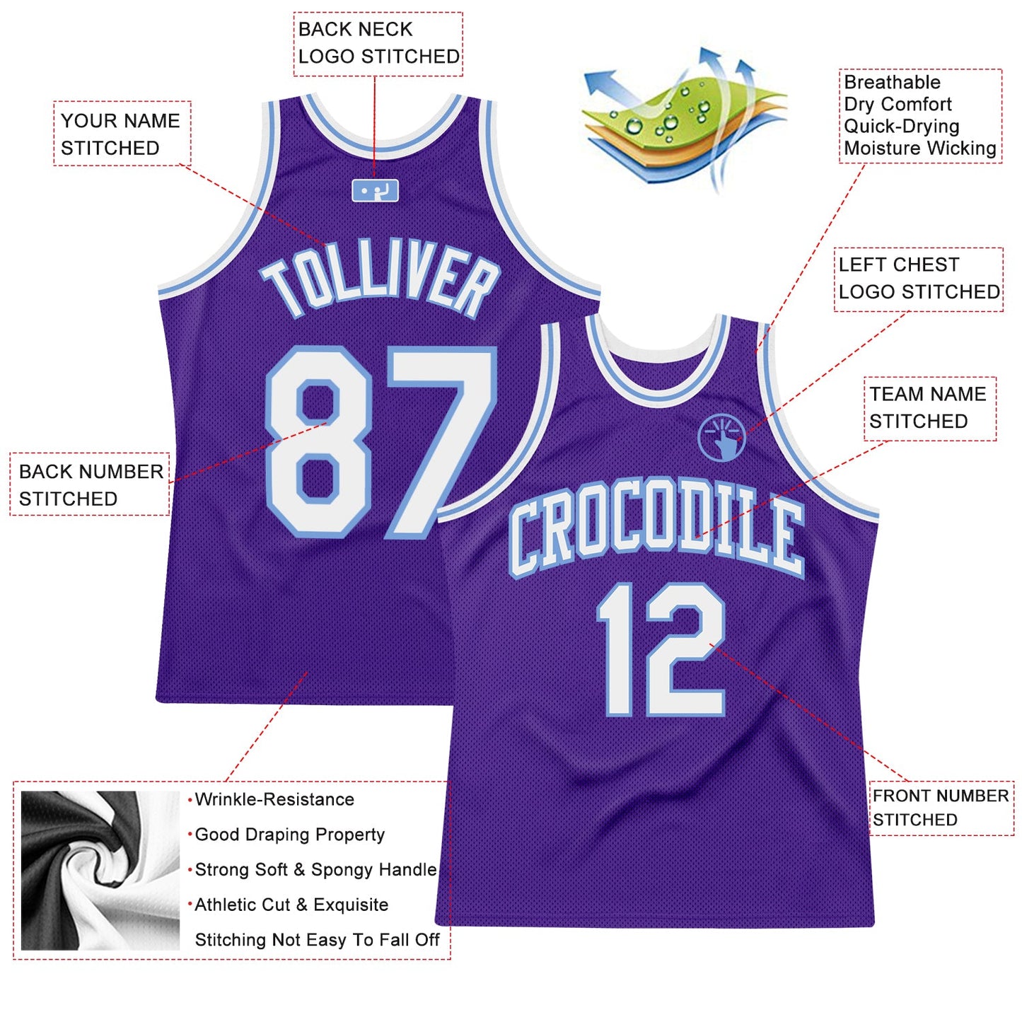 Custom Purple White-Light Blue Authentic Throwback Basketball Jersey view 2