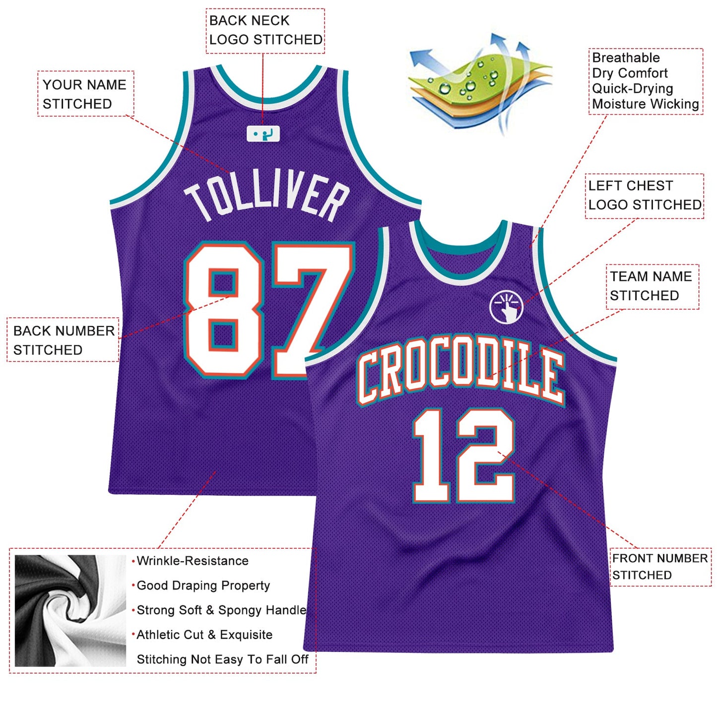 Custom Purple White-Teal Authentic Throwback Basketball Jersey view 2