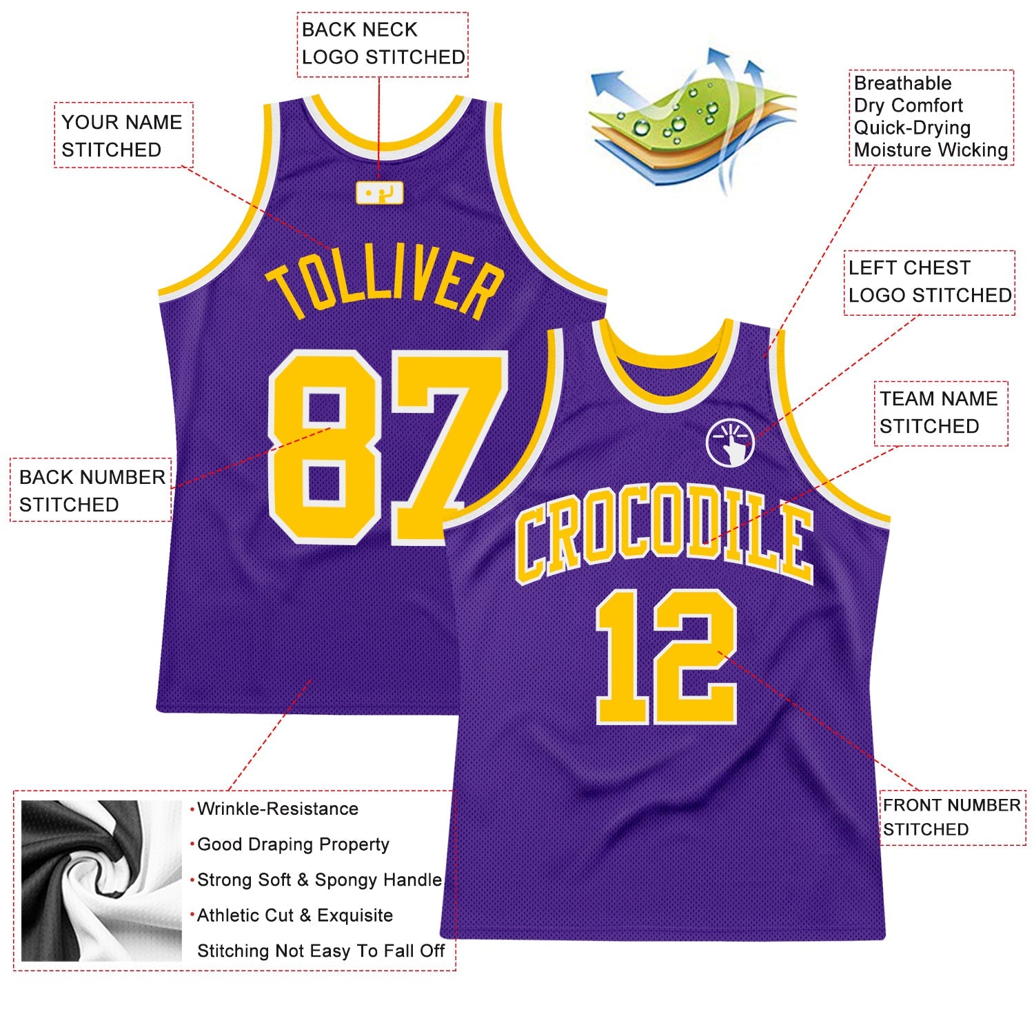 Custom Purple Gold-White Authentic Throwback Basketball Jersey view 2