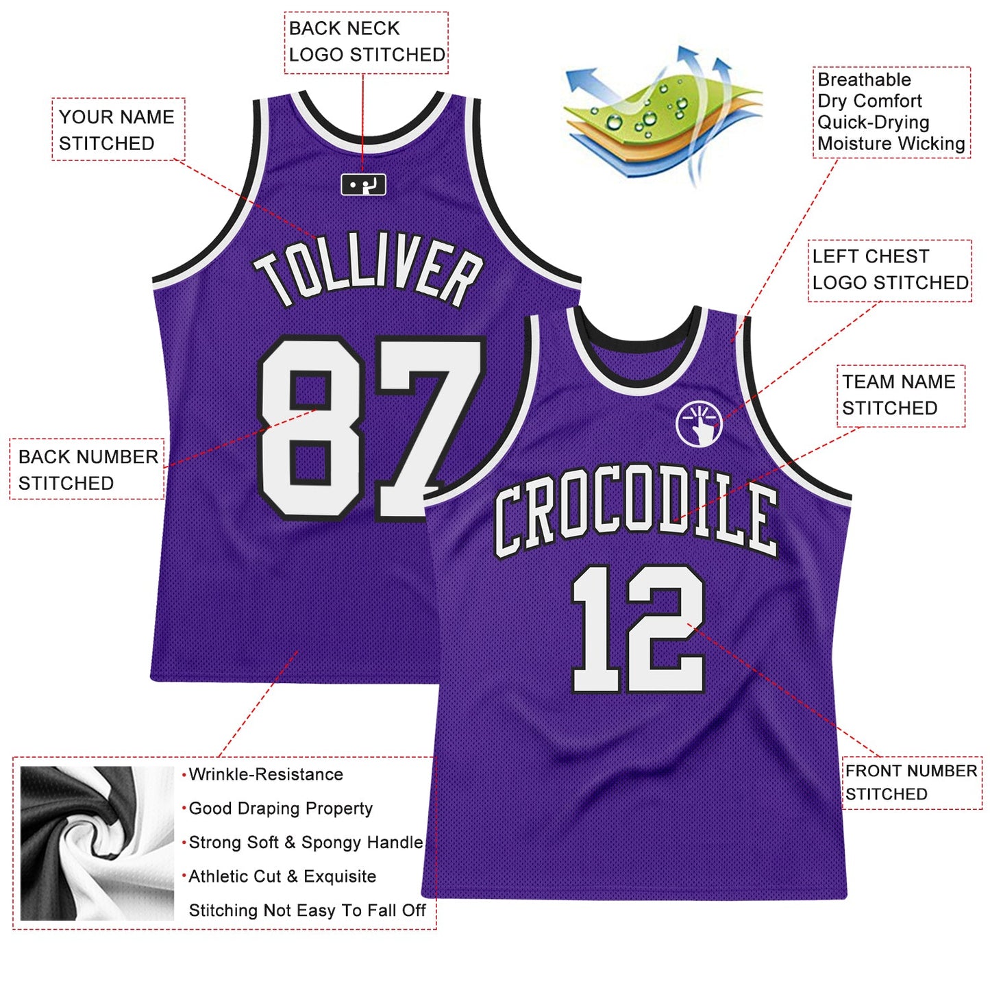 Custom Purple White-Black Authentic Throwback Basketball Jersey view 2
