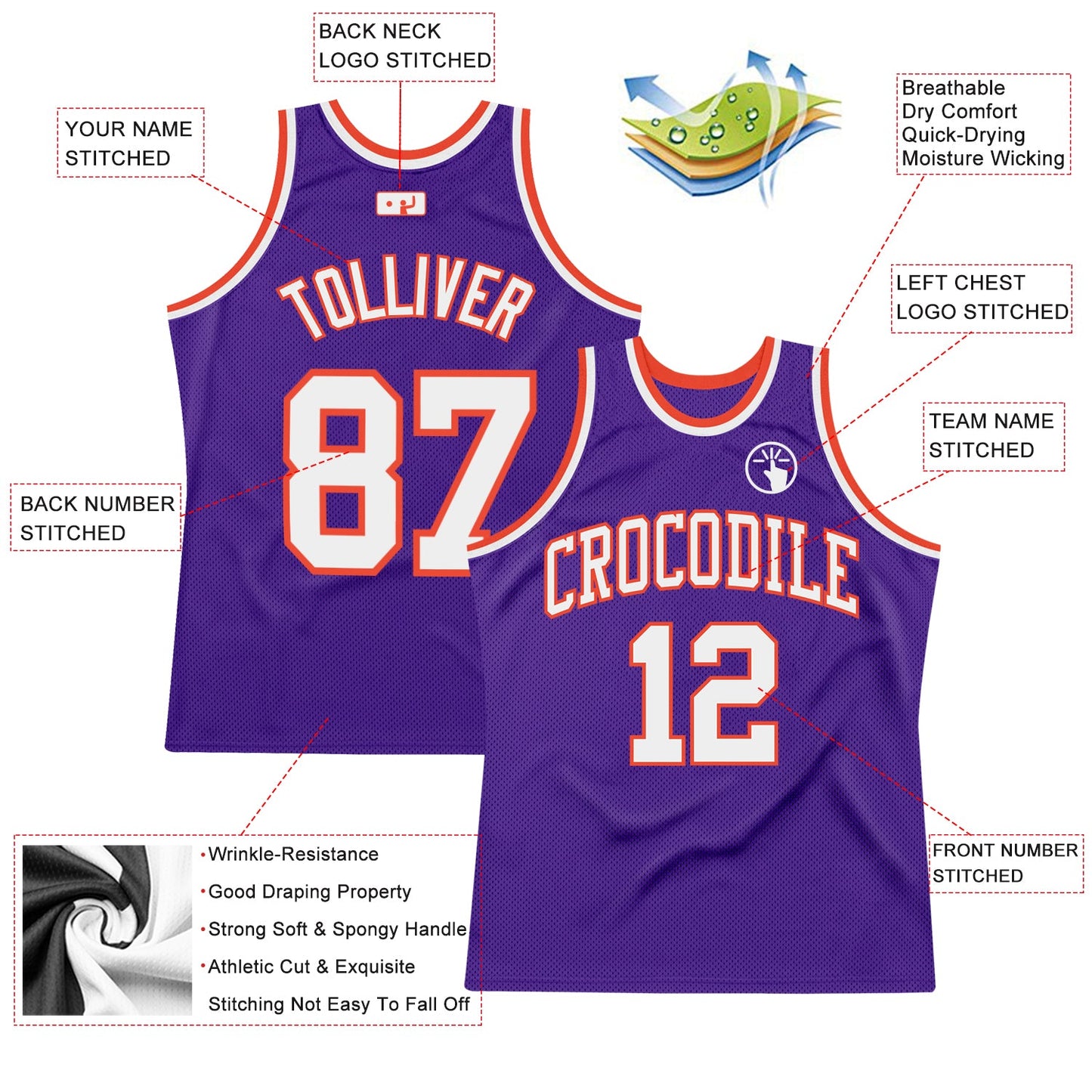 Custom Purple White-Orange Authentic Throwback Basketball Jersey view 2
