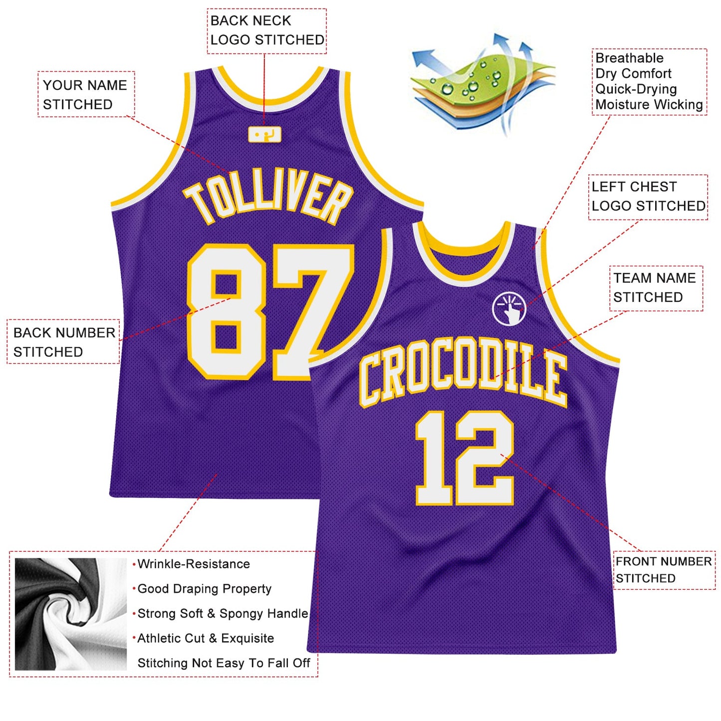 Custom Purple White-Gold Authentic Throwback Basketball Jersey view 3