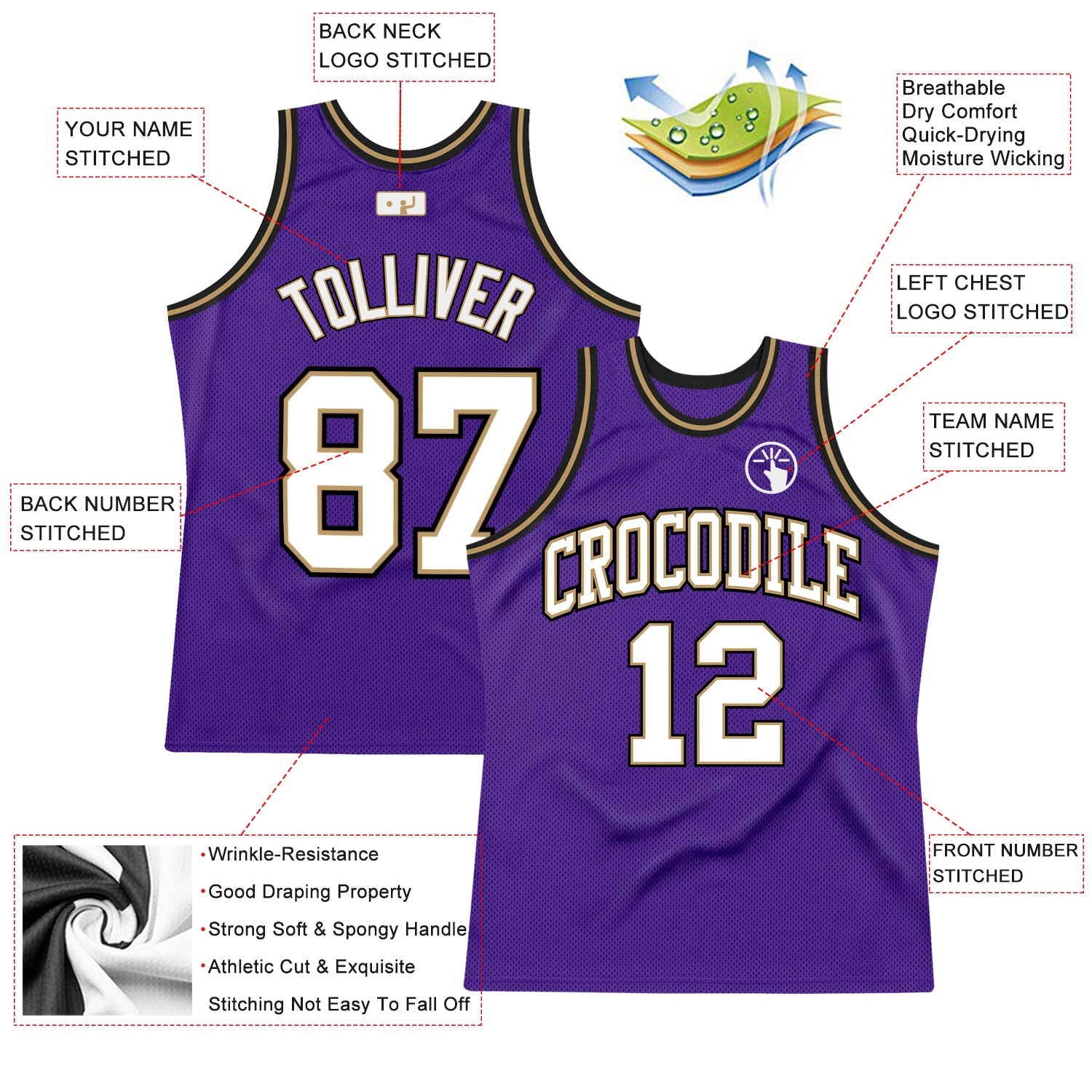 Custom Purple White-Old Gold Authentic Throwback Basketball Jersey view 2