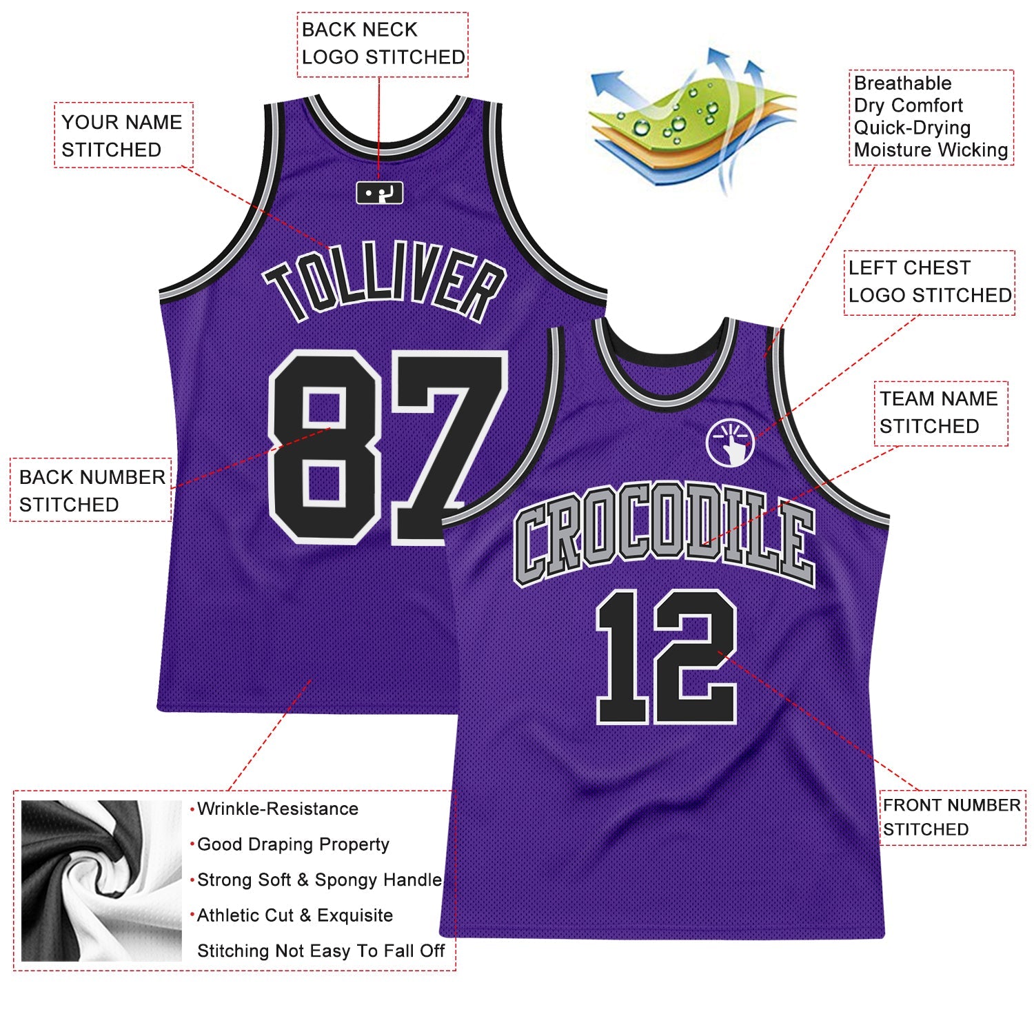 Custom Purple Black-White Authentic Throwback Basketball Jersey view 2