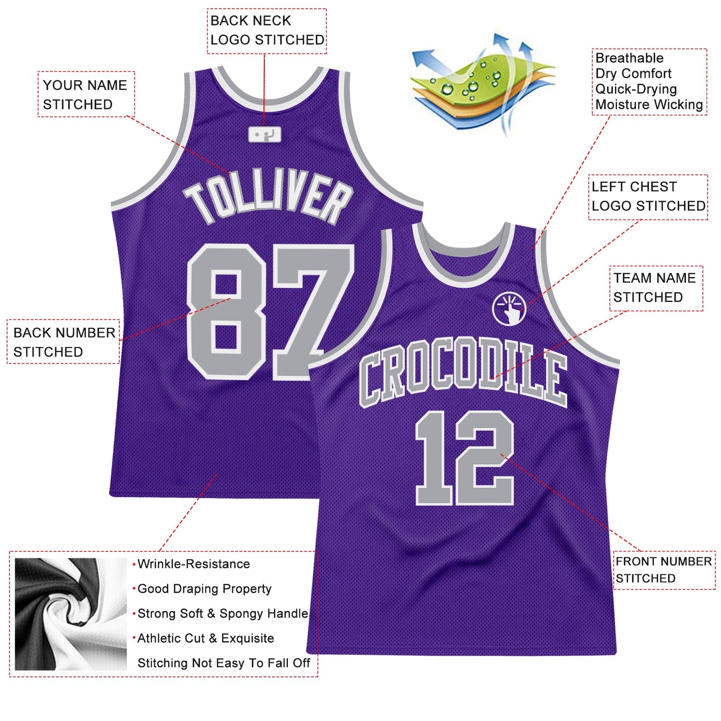Custom Purple Gray-White Authentic Throwback Basketball Jersey view 2