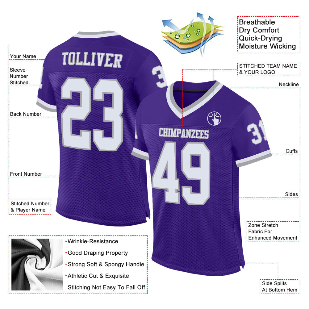 Custom Purple White-Gray Mesh Authentic Throwback Football Jersey view 2