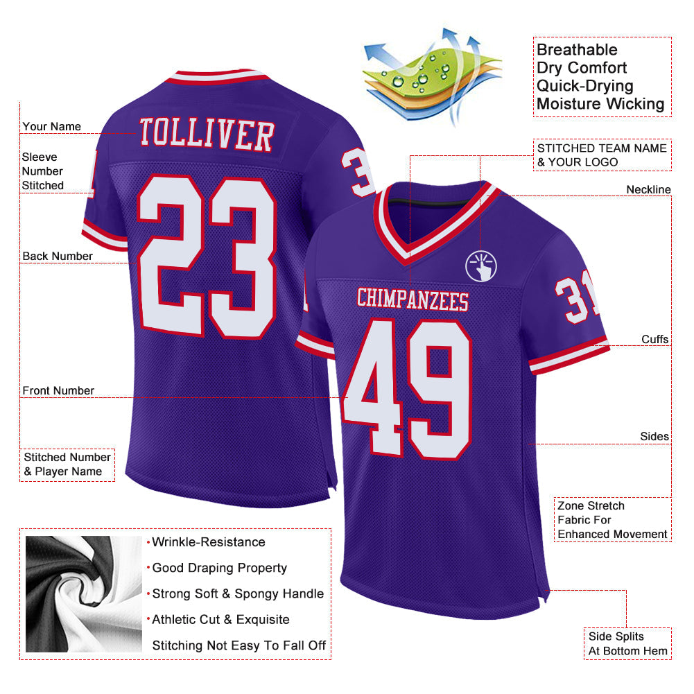 Custom Purple White-Red Mesh Authentic Throwback Football Jersey view 2
