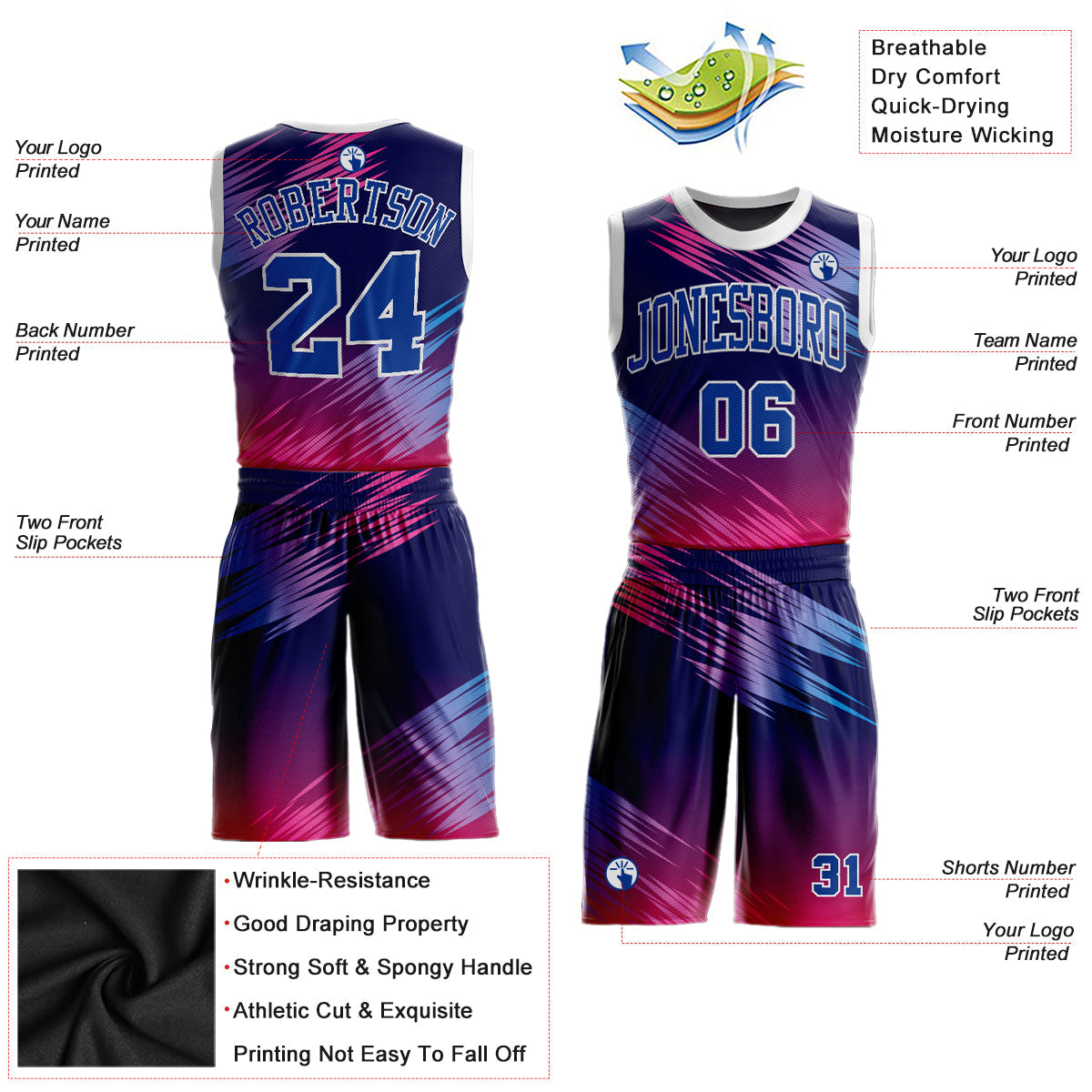 Custom Purple Royal-Pink Round Neck Sublimation Basketball Uniform Jersey view 2