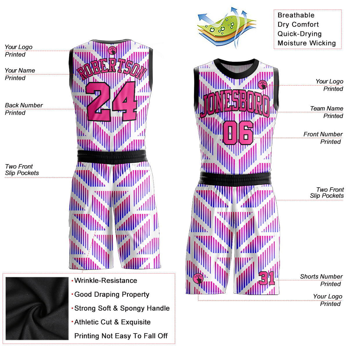 Custom Purple Pink-Black Round Neck Sublimation Basketball Uniform Jersey view 2