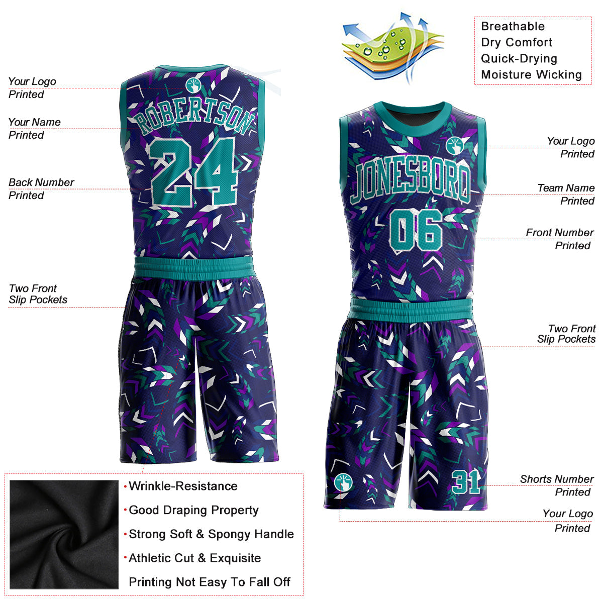 Custom Purple Aqua-White Music Festival Round Neck Sublimation Basketball Uniform Jersey view 2