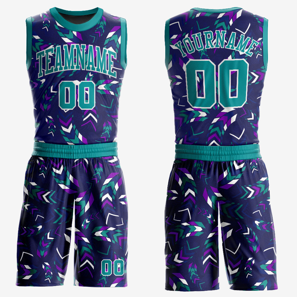 Custom Purple Aqua-White Music Festival Round Neck Sublimation Basketball Uniform Jersey - Main View