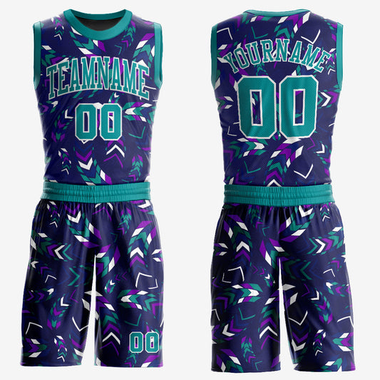 Custom Purple Aqua-White Music Festival Round Neck Sublimation Basketball Uniform Jersey - Main View
