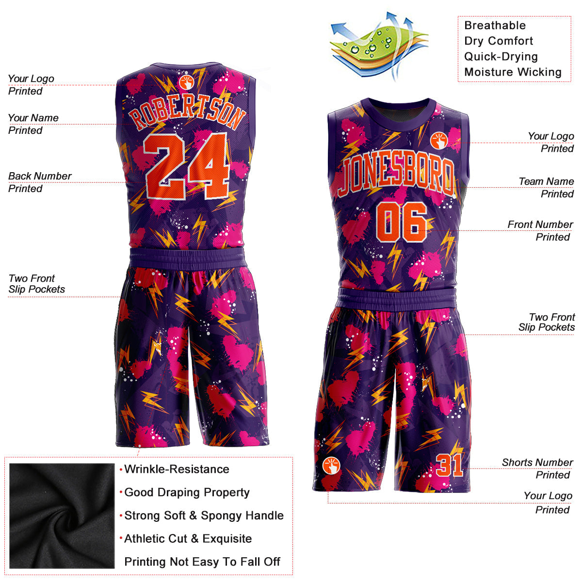 Custom Purple Orange-Gold Music Festival Round Neck Sublimation Basketball Uniform Jersey view 2