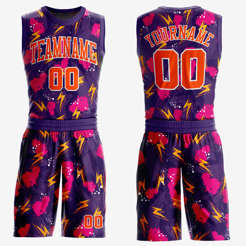 Custom Purple Orange-Gold Music Festival Round Neck Sublimation Basketball Uniform Jersey - Main View