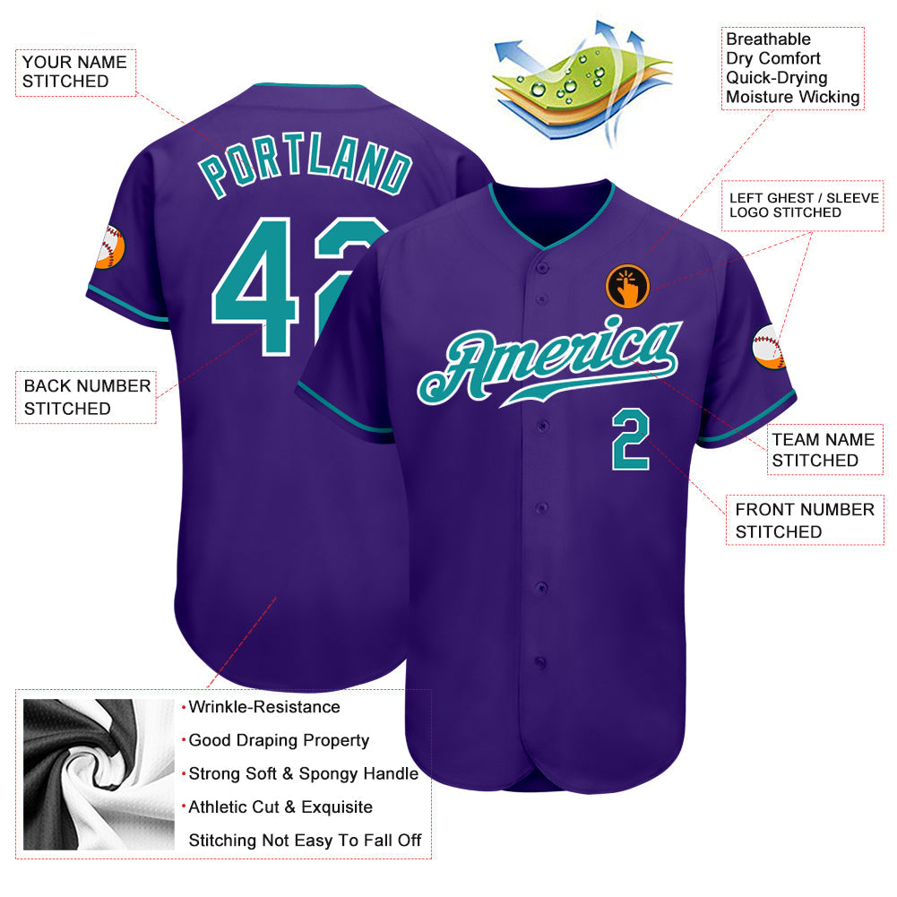 Custom Purple Teal-White Authentic Baseball Jersey view 3