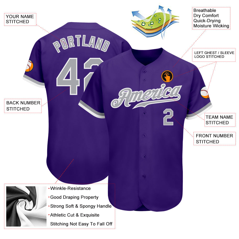 Custom Purple Gray-White Authentic Baseball Jersey view 3
