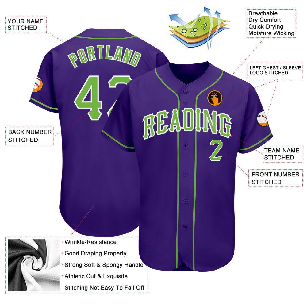 Custom Purple Neon Green-White Authentic Baseball Jersey view 3