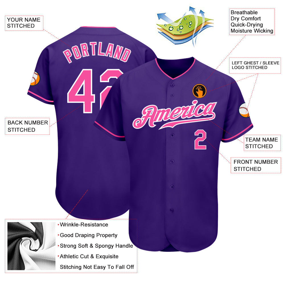 Custom Purple Pink-White Authentic Baseball Jersey view 3