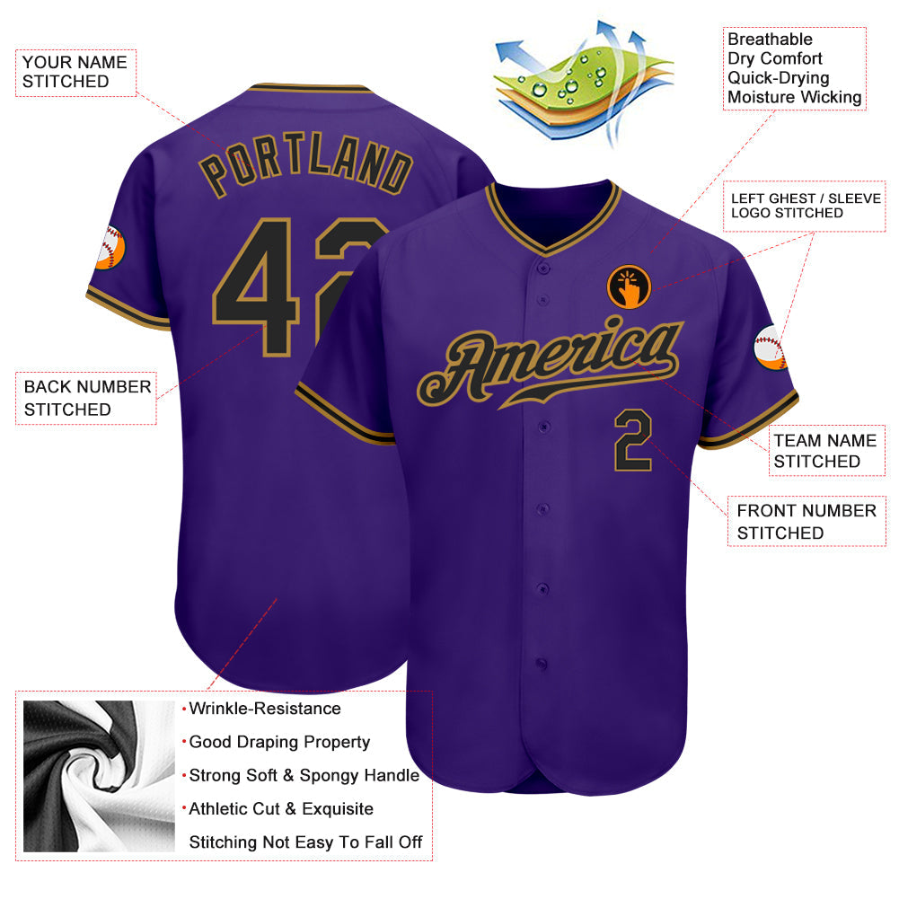 Custom Purple Black-Old Gold Authentic Baseball Jersey view 3
