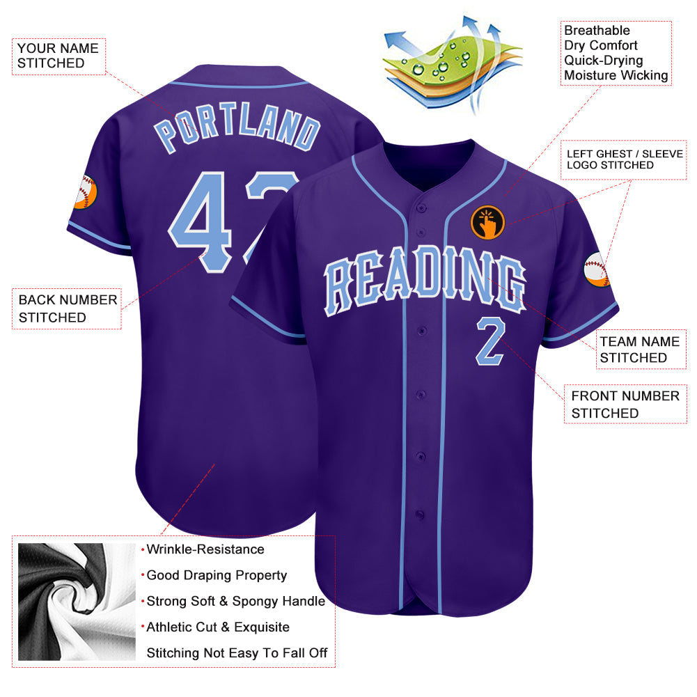 Custom Purple Light Blue-White Authentic Baseball Jersey view 3