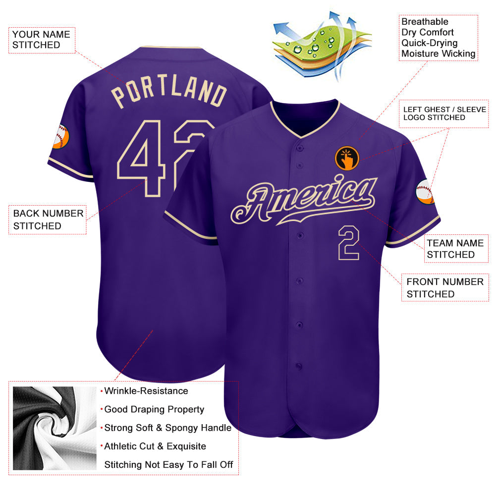 Custom Purple Purple-Cream Authentic Baseball Jersey view 3