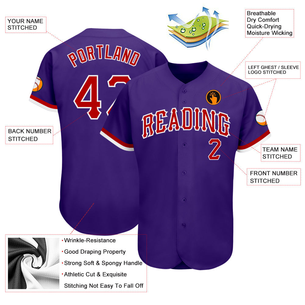 Custom Purple Red-White Authentic Baseball Jersey view 3