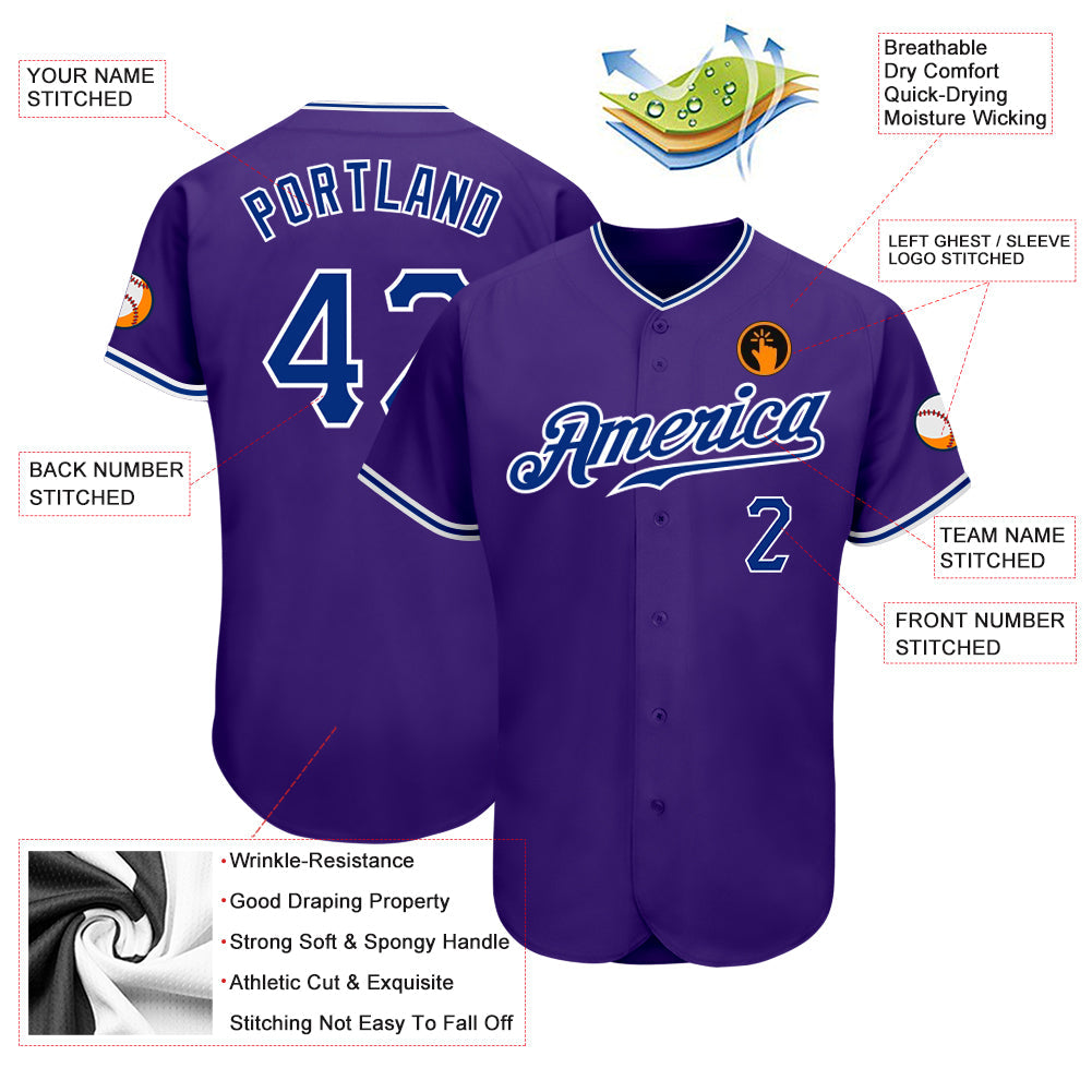 Custom Purple Royal-White Authentic Baseball Jersey view 3