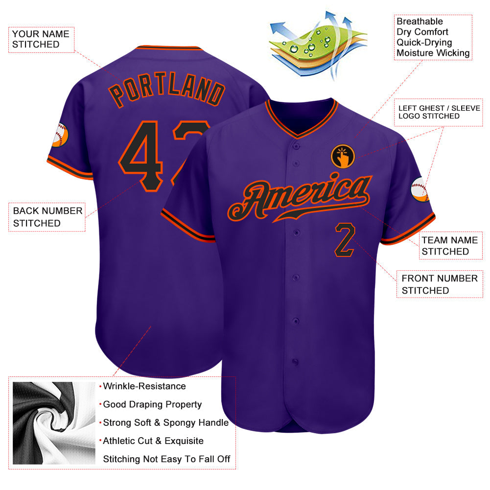 Custom Purple Black-Orange Authentic Baseball Jersey view 3