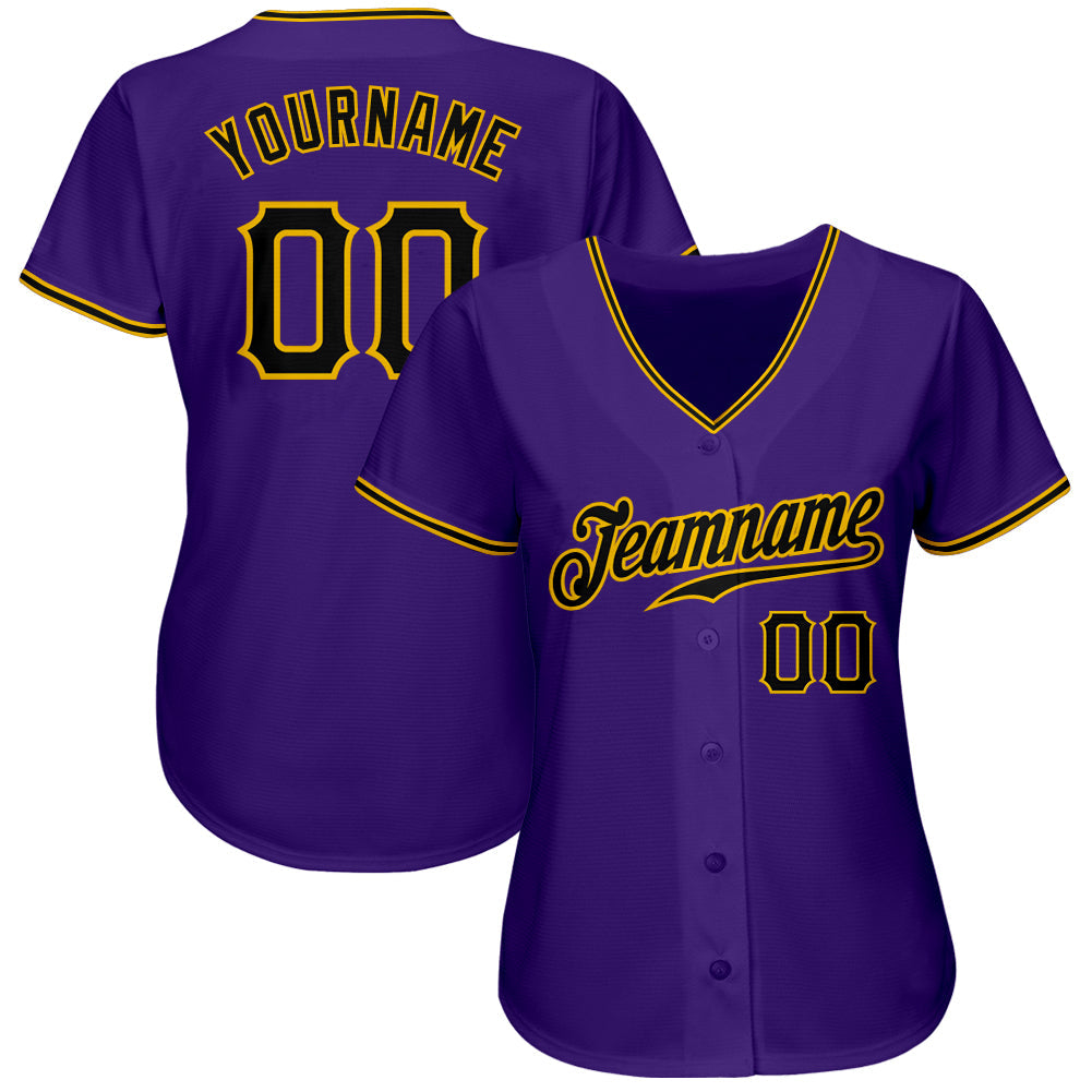 Custom Purple Black-Gold Authentic Baseball Jersey view 2