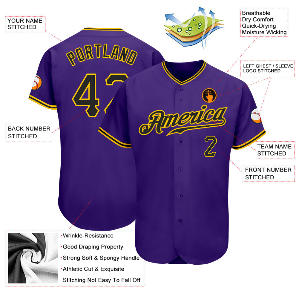Custom Purple Black-Gold Authentic Baseball Jersey view 3