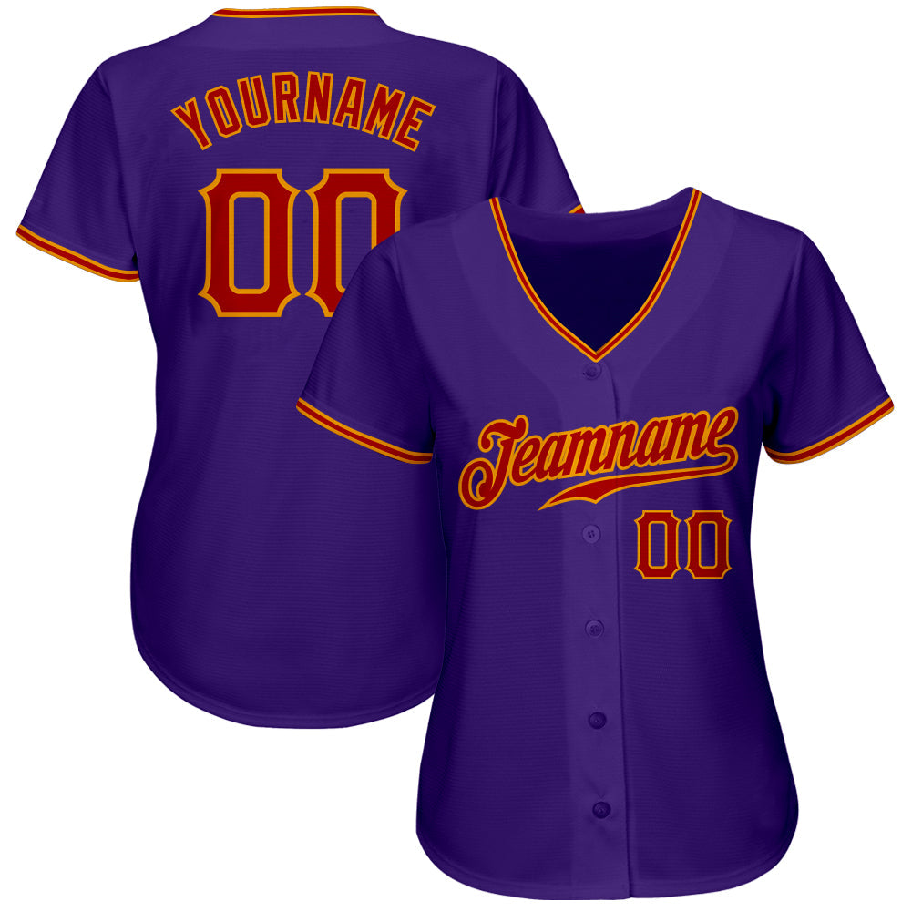 Custom Purple Red-Gold Authentic Baseball Jersey view 2
