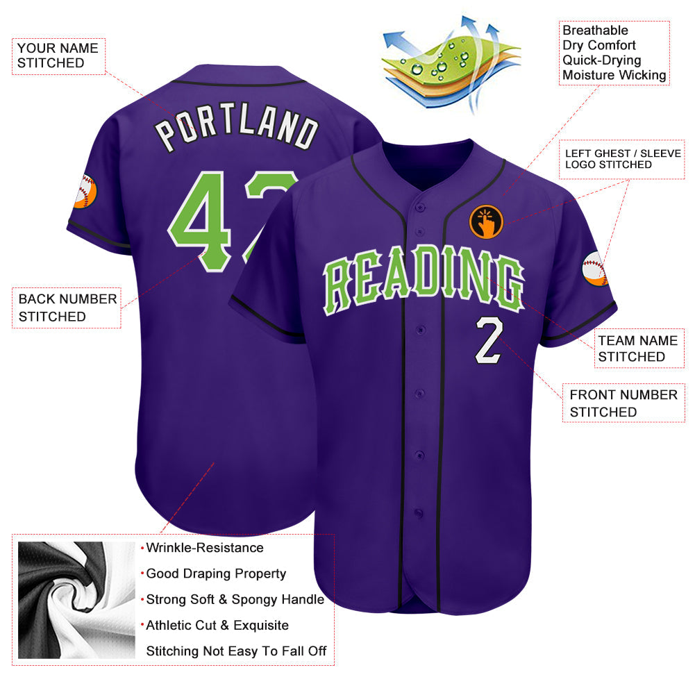 Custom Purple Neon Green White-Black Authentic Baseball Jersey view 3
