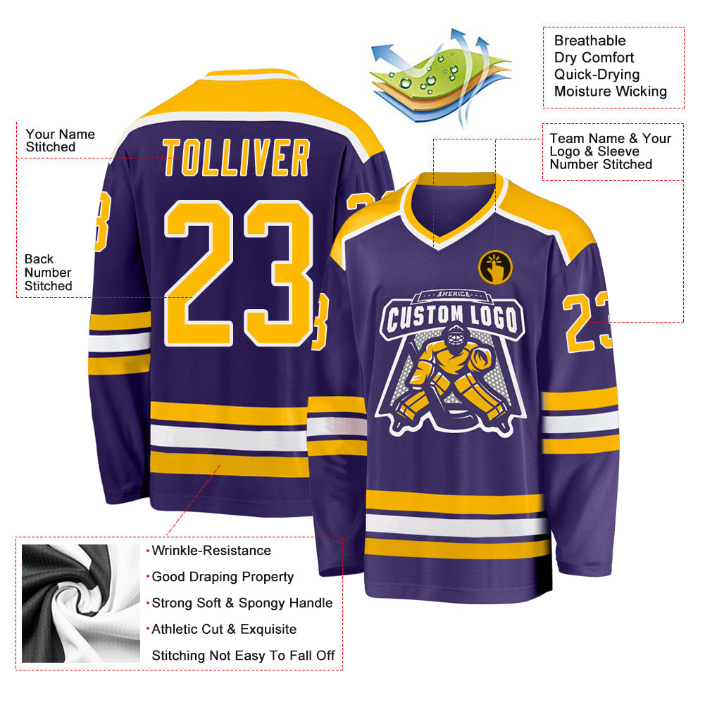 Custom Purple Gold-White Hockey Jersey view 3