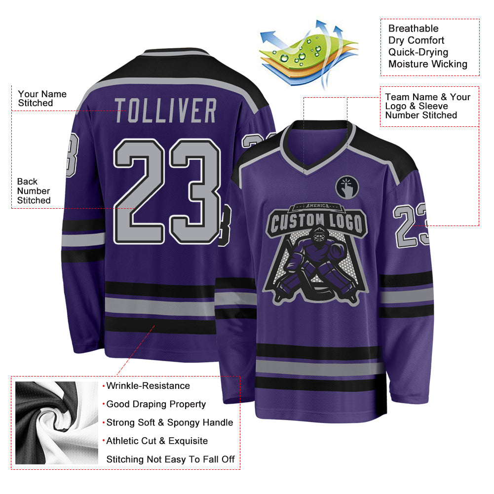Custom Purple Gray Black-White Hockey Jersey view 3
