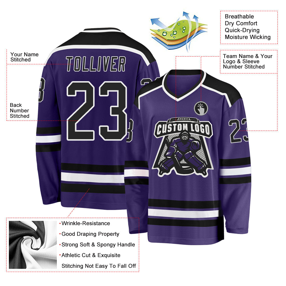 Custom Purple Black-White Hockey Jersey view 3