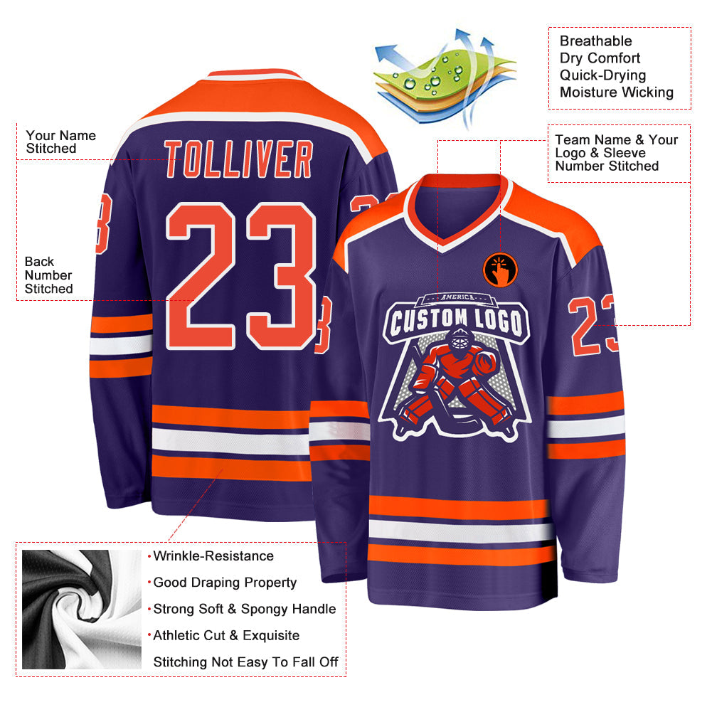 Custom Purple Orange-White Hockey Jersey view 3