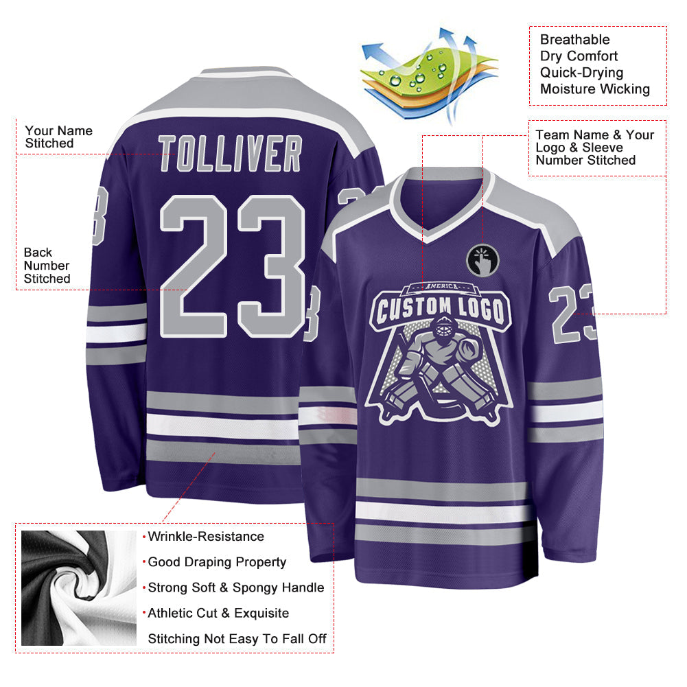 Custom Purple Gray-White Hockey Jersey view 3