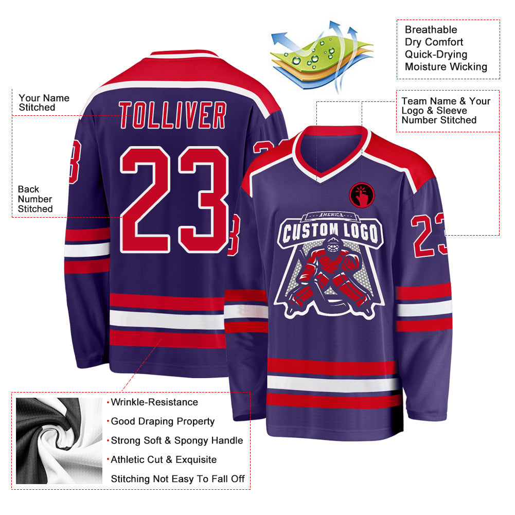 Custom Purple Red-White Hockey Jersey view 3