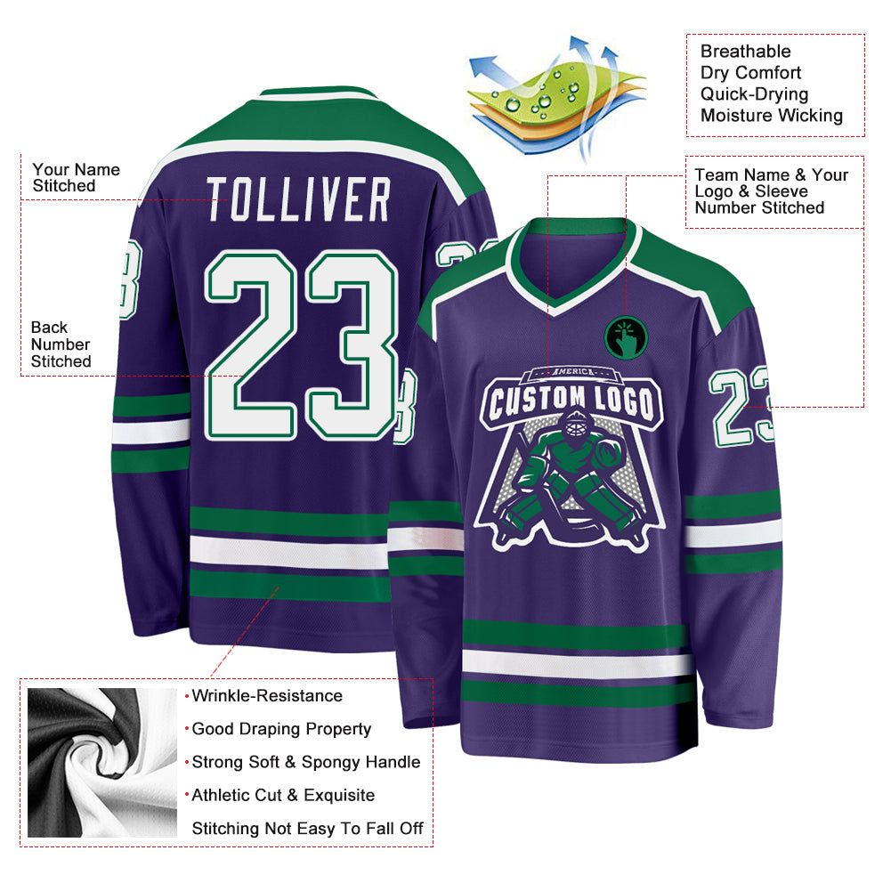 Custom Purple White-Kelly Green Hockey Jersey view 3