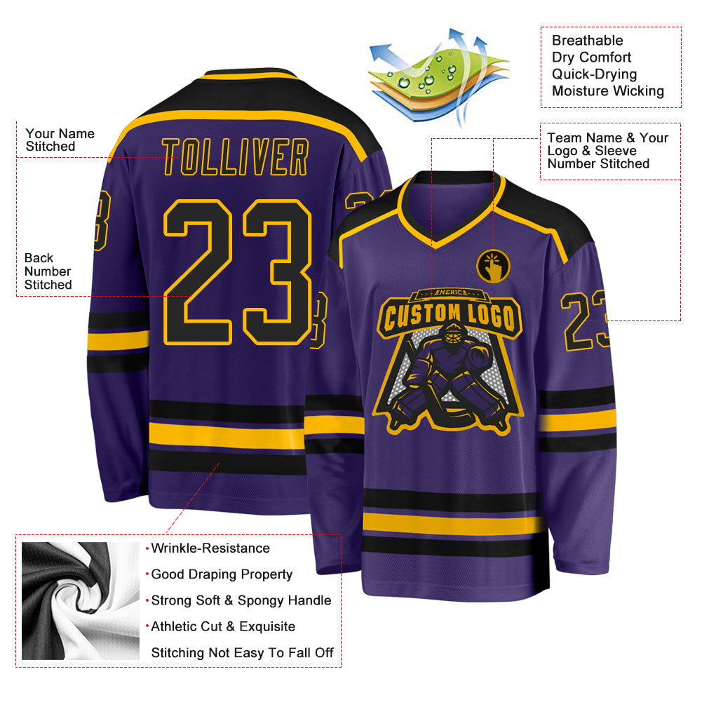 Custom Purple Black-Gold Hockey Jersey view 3