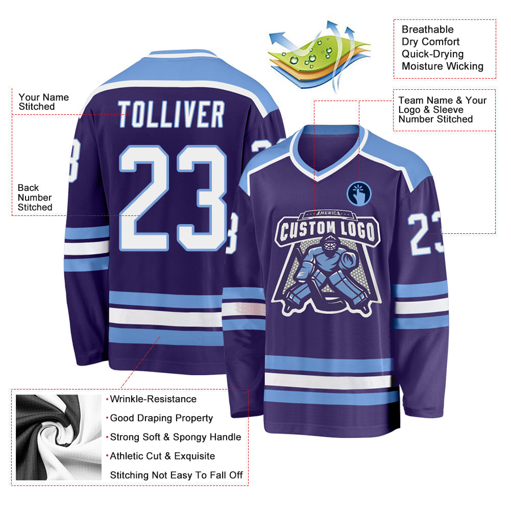 Custom Purple White-Light Blue Hockey Jersey view 3