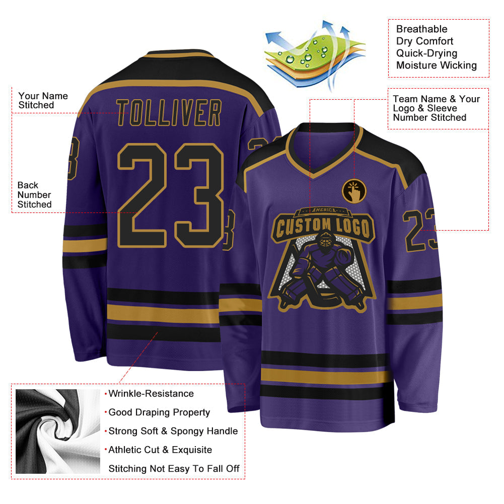 Custom Purple Black-Old Gold Hockey Jersey view 3
