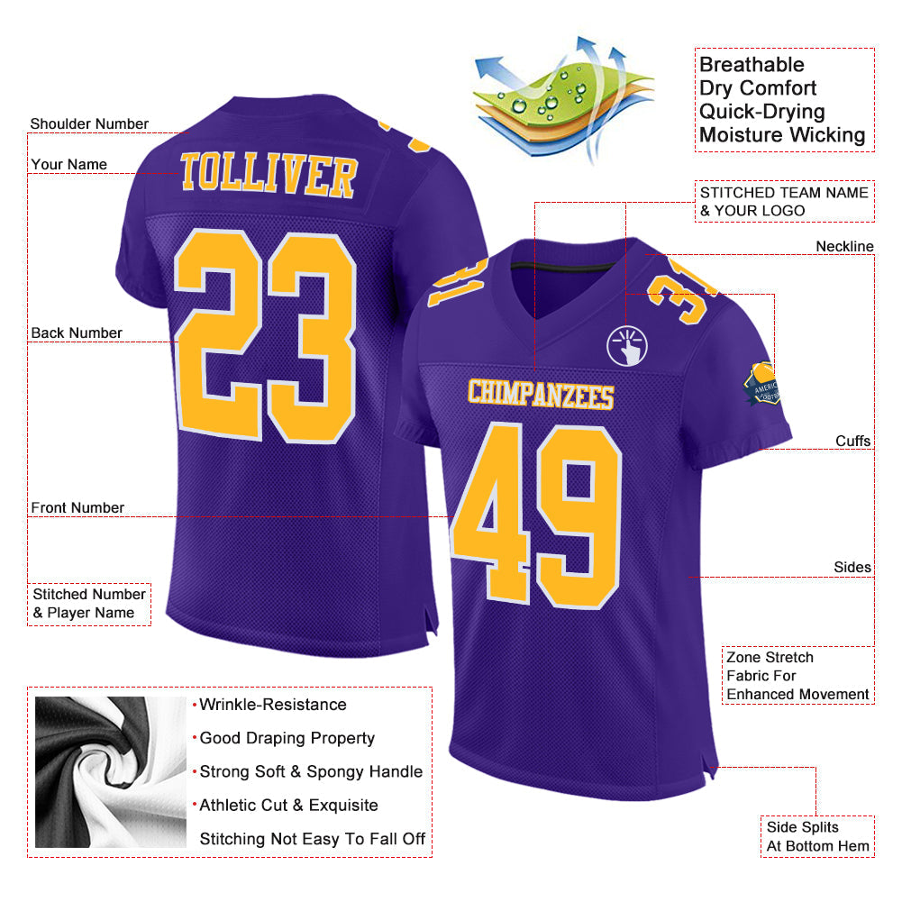 Custom Purple Gold-White Mesh Authentic Football Jersey view 2