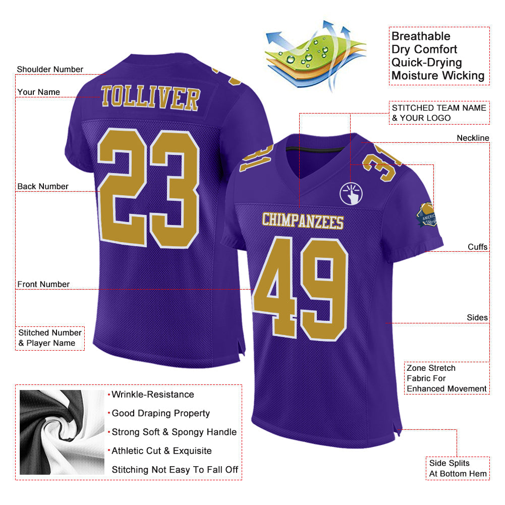 Custom Purple Old Gold-White Mesh Authentic Football Jersey view 2
