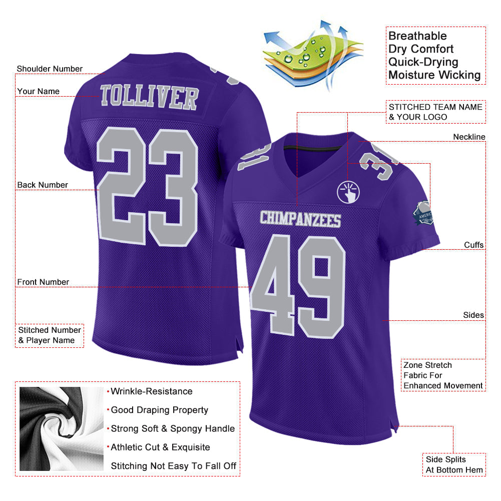 Custom Purple Gray-White Mesh Authentic Football Jersey view 2